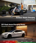 2026 Upgraded Tesla Mobile Home Charger Level 1 And 2 16 Amp Smart Schedule Nema 5 15 6 20 Plug on an electric vehicle outside a home.