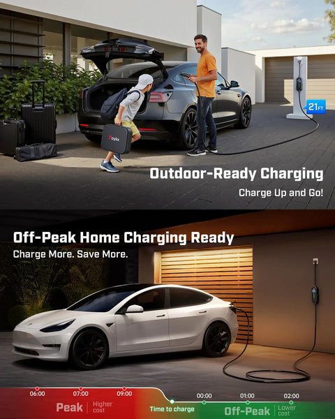 2026 Upgraded Tesla Mobile Home Charger Level 1 And 2 16 Amp Smart Schedule Nema 5 15 6 20 Plug on an electric vehicle outside a home.