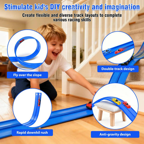 Child playing with 20 Foot Flexible Race Track Toy Kit With Four Race Cars And Suction Cups Rolls Up Portable DIY Anti Gravity Track Set For Kids Blue Ideal For Epic Hills Easy Setup Indoor Or Outdoor Play