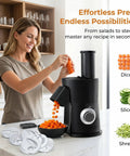 7-in-1 Electric Vegetable Chopper And Mincer With 7 Stainless Steel Blades for fast slicing dicing of carrots on countertop.