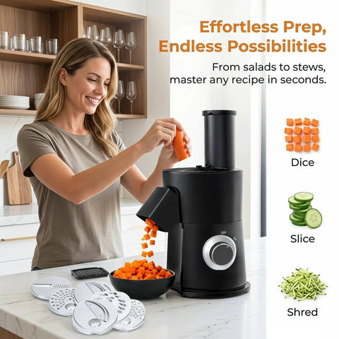 7-in-1 Electric Vegetable Chopper And Mincer With 7 Stainless Steel Blades for fast slicing dicing of carrots on countertop.