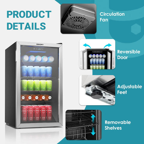 Wine And Beverage Cooler With Glass Door 128 Can Capacity Mini Fridge For Home Or Office Adjustable Removable Shelves Silver Finish Precise Temperature Control With Easy Touch Panel