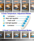Image showing 5 color temperatures and adjustment modes for Dimmable Picture Light For Artwork 3200K To 6500K, with remote control.