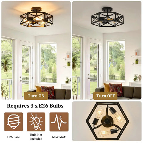 Modern Farmhouse Hexagon Cage Ceiling Light Semi Flush Mount In Matte Black, on and off view, 14.6 inch, in a bright living room.