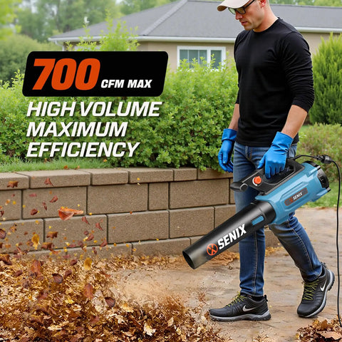 Person using 12 Amp Handheld Electric Leaf Blower With 700 CFM Air Volume And 110 MPH Max Speed Variable Speed Control Ultra Lightweight 120V Yard Cleanup Tool For Leaves And Debris outdoors