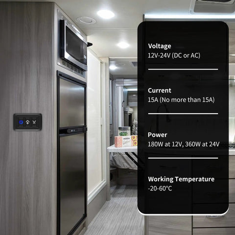 Badass Black PWM Dimmer Switch For 12 Through 24V LED And Halogen Lighting mounted on a wall in a modern RV kitchen.
