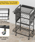 Heavy Duty Garage Tool Cart With Charging Station And Built In Organizer All In One Pro Grade Rolling Tool Storage With Eight Outlet Power Strip Four Wheels Two Hanging Baskets Eight Hooks Drill Bit Holder Black Finish, shown with dimensions and features like mesh shelves, hanging baskets, and power strip.
