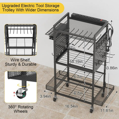 Heavy Duty Garage Tool Cart With Charging Station And Built In Organizer All In One Pro Grade Rolling Tool Storage With Eight Outlet Power Strip Four Wheels Two Hanging Baskets Eight Hooks Drill Bit Holder Black Finish, shown with dimensions and features like mesh shelves, hanging baskets, and power strip.