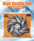 Front view of 60W Hydraulic Oil Cooler with 110V 60Hz AC High Power Fan in motion, showing heat dissipation features.