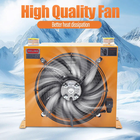 Front view of 60W Hydraulic Oil Cooler with 110V 60Hz AC High Power Fan in motion, showing heat dissipation features.
