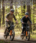 Electric Dirt Bike With 5500W Peak Motor 40 MPH Top Speed 48V 30Ah Battery Hydraulic Brakes Full Suspension 7 Speed Gearing Mountain Off Road Dirt Bike For Teens And Adults Ready To Rip being ridden by two people in a forest trail.