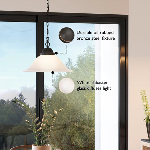 Oil Rubbed Bronze Pendant Light With Alabaster Glass Shade, dimmable and flexible install, displayed in contemporary room with window.