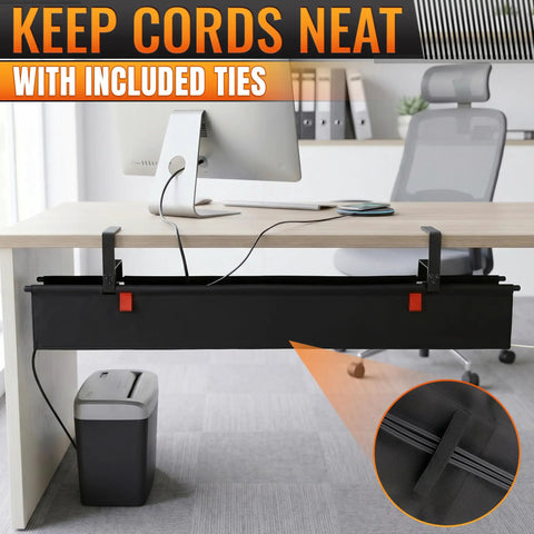 36 Inch Under Desk Cable Management Tray With No Drill Clamp On And Built In Ties, installed on office desk, tidy cords