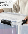 Built To Last Clear Storage Bins 54 Quart 2 Pack, stackable plastic totes with tight lids held for easy lifting.