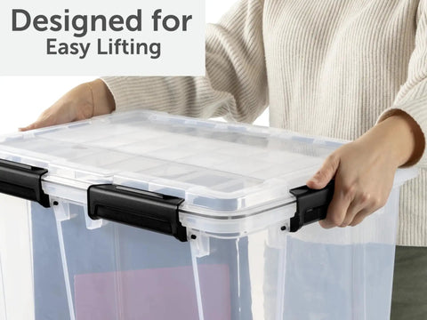 Built To Last Clear Storage Bins 54 Quart 2 Pack, stackable plastic totes with tight lids held for easy lifting.