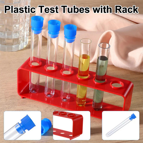 All In One Test Tube Rack Set With 12 Clear Test Tubes And Two Red Racks In Blue And Red Integrated Pack for science experiments