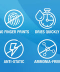 Icons showing features of Dope All In One Electronics Cleaning Spray Kit With Microfiber Towel: No Fingerprints, Dries Quickly, Anti-Static, Ammonia-Free.