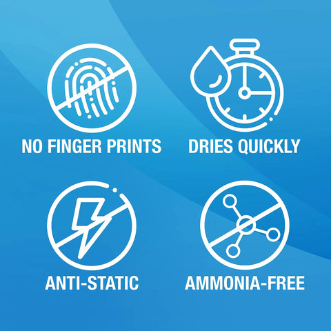 Icons showing features of Dope All In One Electronics Cleaning Spray Kit With Microfiber Towel: No Fingerprints, Dries Quickly, Anti-Static, Ammonia-Free.
