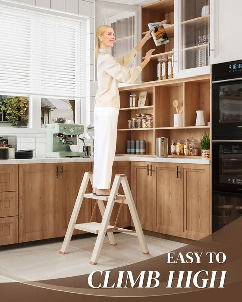 Two Step Folding Ladder With Wide 8 Inch Treads Aluminum Lightweight Step Stool Anti Slip Feet And Non Slip Stripes Heavy Duty 300 Lbs Capacity Sleek Cream Chocolate Finish For Home Or Garage Use in kitchen