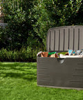 Open Beefy 73 Gallon Resin Outdoor Storage Deck Box Weather Resistant Brown For Patio Backyard Pool Toys Cushions Garden Tools