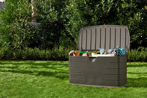 Open Beefy 73 Gallon Resin Outdoor Storage Deck Box Weather Resistant Brown For Patio Backyard Pool Toys Cushions Garden Tools