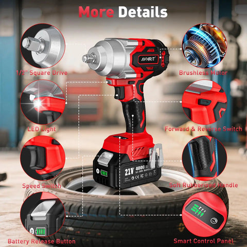 Cordless Impact Wrench 650 Nm High Torque One Half Inch Drive With Two 4.0Ah Batteries features highlighted