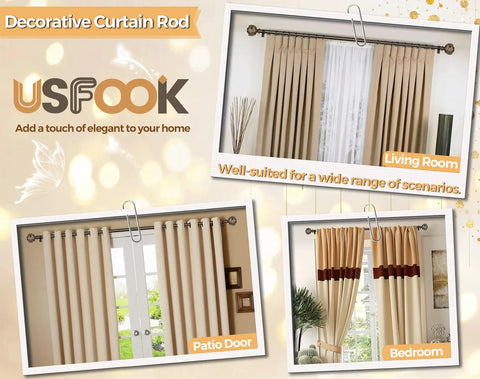 Bronze Telescoping Curtain Rod With Splicing Design Adjustable 32 To 58 Inches 7/8 Inch Diameter Leaf Finials shown in three room settings