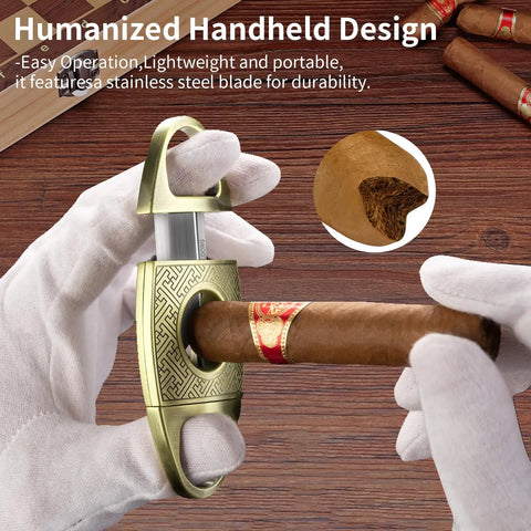 Hands holding a V Cut Cigar Cutter With Zinc Alloy Blade And Stainless Steel Guillotine For A Clean Smooth 21mm Cut Every Time
