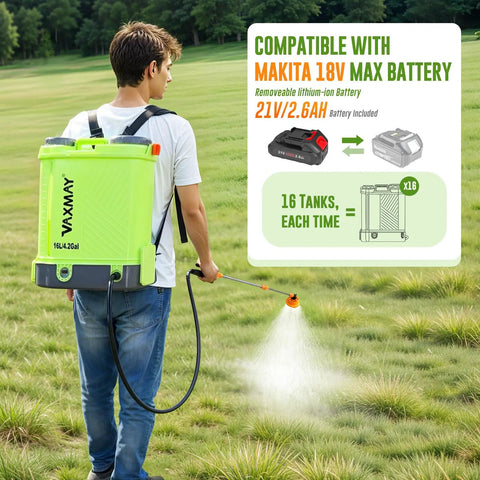 Person using 4 Gallon Battery Powered Backpack Sprayer For The Yard With 100 PSI Electric Garden Sprayer, Makita 18V compatible