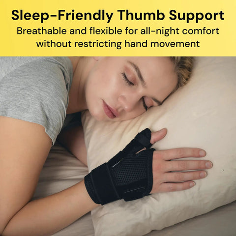 Woman sleeping with Thumb Spica Splint Brace For Right Or Left Hand With CMC Thumb Support For Arthritis Tendonitis and Carpal Tunnel