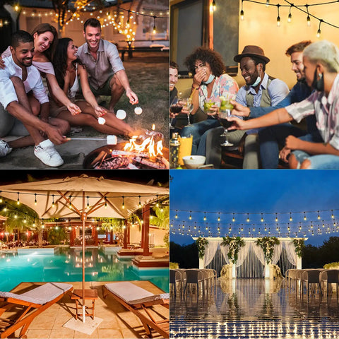 Two 50 Foot Dimmable Edison Style Shatterproof String Lights With 32 LED Bulbs 100 Feet Total Weatherproof Commercial Grade Outdoor Indoor Patio Cafe Lighting For Parties And Cozy Vibes used for various outdoor and indoor settings.