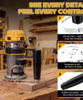 Precision Router Base Plate Delivering Dead Nuts Alignment And Killer Stability For Compact Woodworking Compatible With Dewalt DwP611 And Dcw600B Single Handle Routers with acrylic base and rubber grip handle.