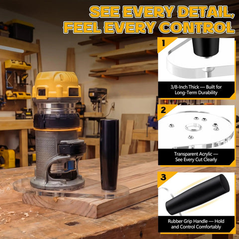 Precision Router Base Plate Delivering Dead Nuts Alignment And Killer Stability For Compact Woodworking Compatible With Dewalt DwP611 And Dcw600B Single Handle Routers with acrylic base and rubber grip handle.