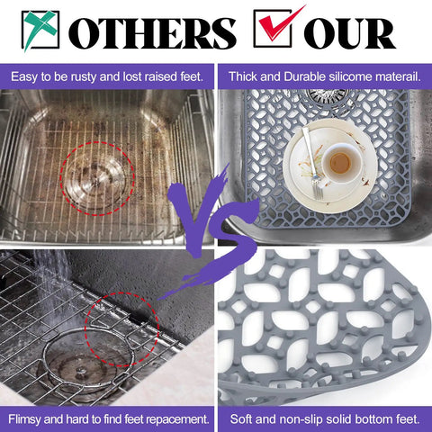 Comparison of Non Slip Silicone Sink Protector Mat For Kitchen vs metal rusted grids, highlighting design and safety features.