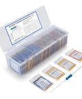 Open clear plastic resistor storage case with labeled bags of metal film resistors.