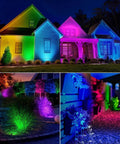 12W RGBW Low Voltage Outdoor Landscape Lights With Remote illuminating house and garden, color changing effects on pathways and trees.