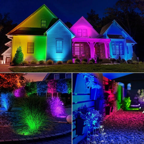 12W RGBW Low Voltage Outdoor Landscape Lights With Remote illuminating house and garden, color changing effects on pathways and trees.