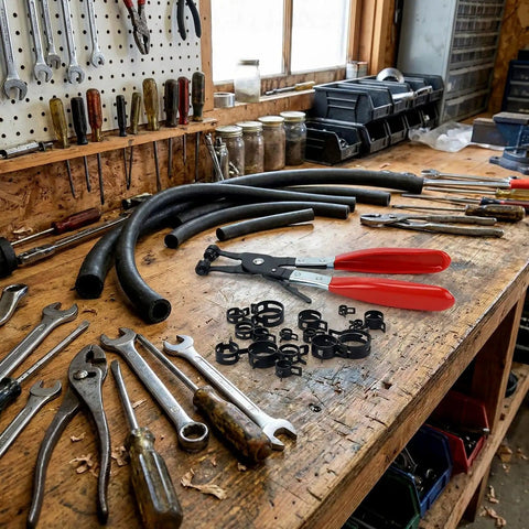 130 Piece Hose Clamp Set With 16 Sizes 6 To 25 mm Swivel Jaw Pliers and tools on wooden workbench in a workshop