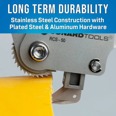 Close-up of Submariner Cable Jacket Slitter for Large Fiber Ducts and Heavy Duty Telephone Cables, stainless steel construction.