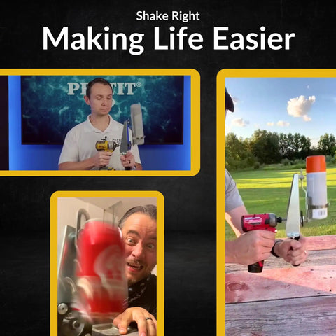 People using Drill Powered Paint Shaker Electric Spray Can Mixer For 5 Ounce, 12 Ounce, And 16 Ounce Cans with various drills.