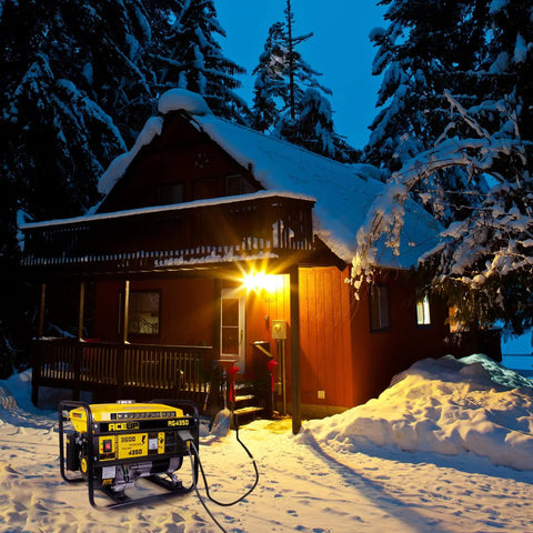 4350 Watt Gas Generator For Home Use With 3600 Running Watts And 4350 Peak Portable Power on snowy cabin night scene
