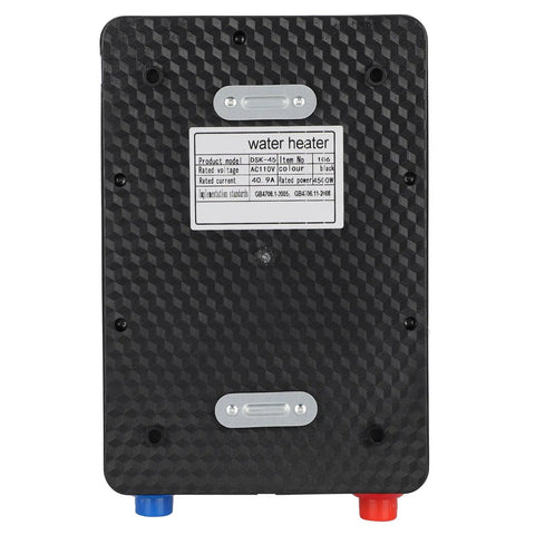 Back view of Rock Solid Wall Mounted Tankless Electric Water Heater Packs 4500W with specifications and connectors.
