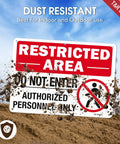 Built Like A Tank Restricted Area Sign Do Not Enter Authorized Personnel Only 14 X 10 Inch rust proof aluminum sign in dirt.