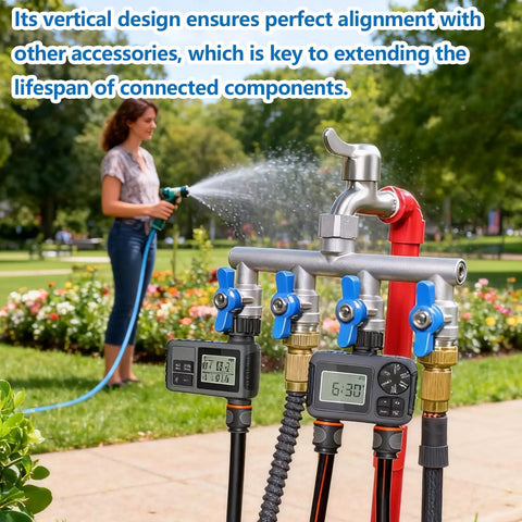 Heavy Duty 4 Way Garden Hose Splitter With Full Flow Ball Valve, 304 Stainless Steel, Lead Free, 3/4 Inch GHT Thread, Extra Long 2.1 Inch Handle, Outdoor Spigot Faucet Connector For Fast, Unrestricted Water Distribution on outdoor faucet with timers