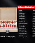Wooden box with 15 router bits, including straight, groove, and chamfer bits for Powerful Wood Router Tool For Home Shop Pros 1.25HP.