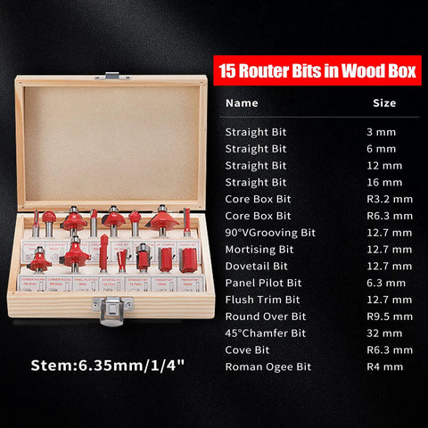 Wooden box with 15 router bits, including straight, groove, and chamfer bits for Powerful Wood Router Tool For Home Shop Pros 1.25HP.