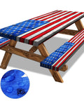 Flag Themed Picnic Table Cover With Bench Covers Set Wood Grain Look Waterproof Windproof No Hassle Outdoor Tablecloth Fitted For 72 Inch Tables And 12 Inch Benches Three Piece Kit Red showing water droplets on fabric