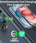 MFi Certified 75W USB C PD And QC Car Charger With 6Ft Coiled Cable For iPhone 17 Series 16 15 Pro Max Plus Galaxy S26 S25 Pixel Fast Charge In Your Car charging two Apple devices
