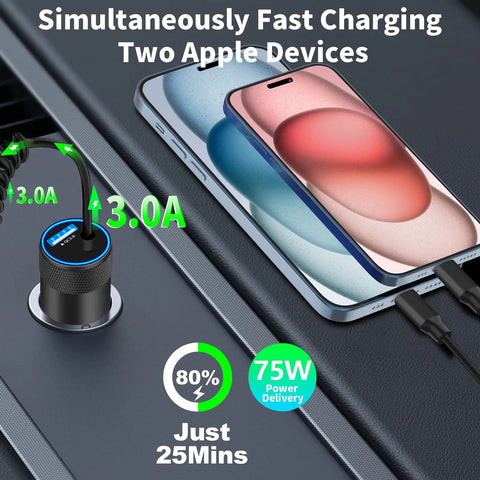 MFi Certified 75W USB C PD And QC Car Charger With 6Ft Coiled Cable For iPhone 17 Series 16 15 Pro Max Plus Galaxy S26 S25 Pixel Fast Charge In Your Car charging two Apple devices