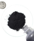 Graphite Powder 1 Pound Split Into Four Bottles 99.9 Percent Pure Military Grade 44 Micron Fine Carbon in bowl with coin and bottle